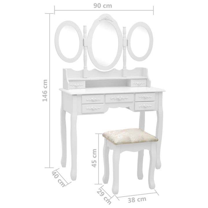 Coiffeuse avec tabouret et miroir pliable en 3 Blanc