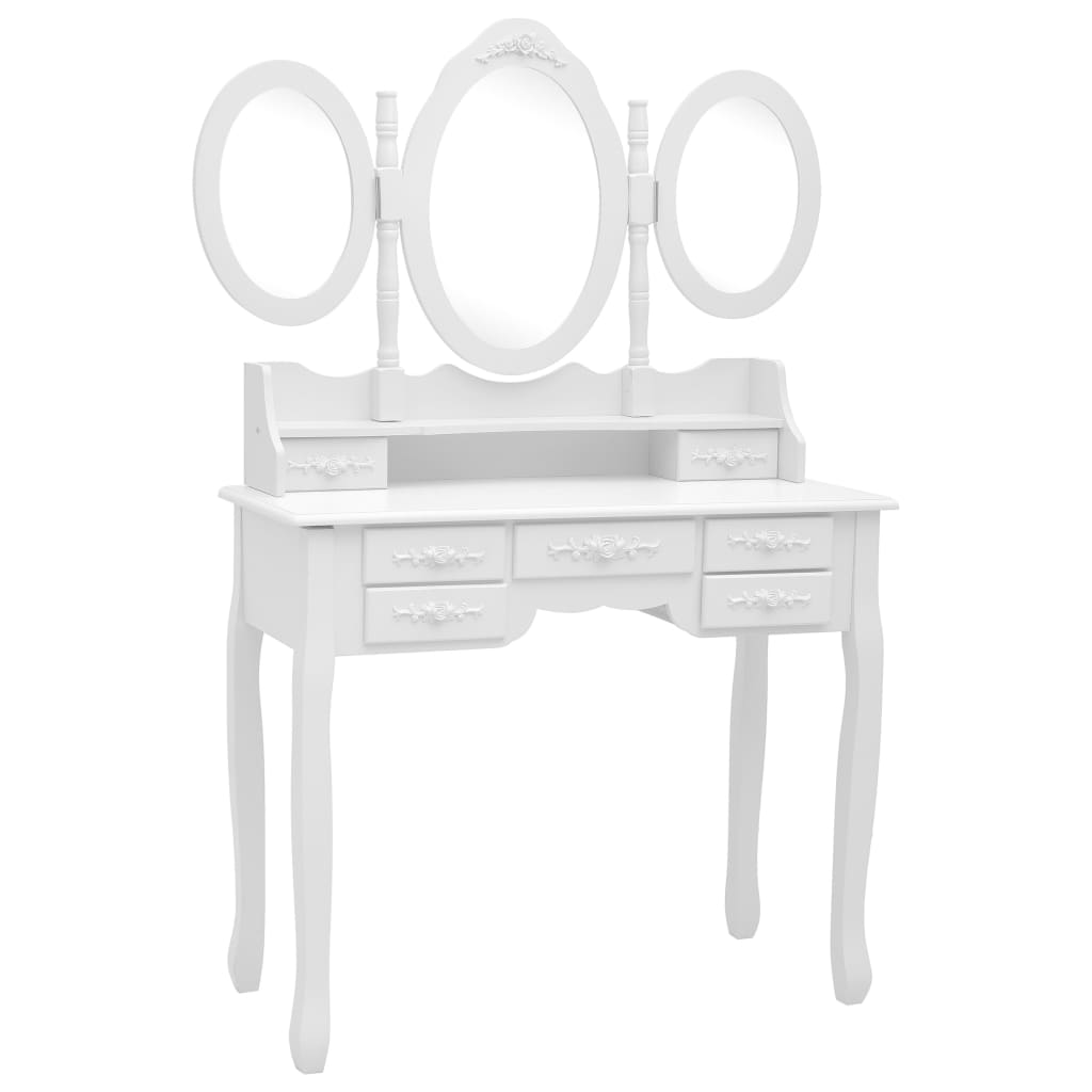 Coiffeuse avec tabouret et miroir pliable en 3 Blanc