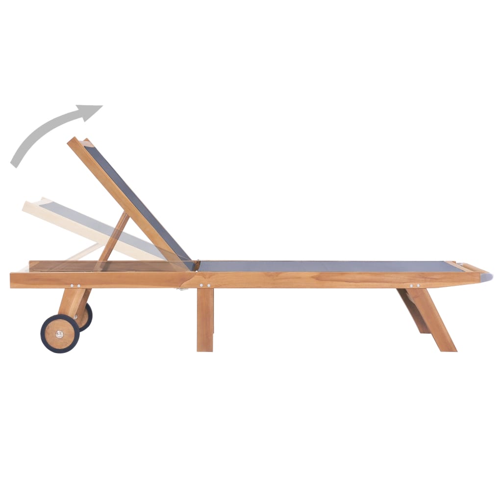 Chaise longue pliable avec roulettes en teck massif et textilène
