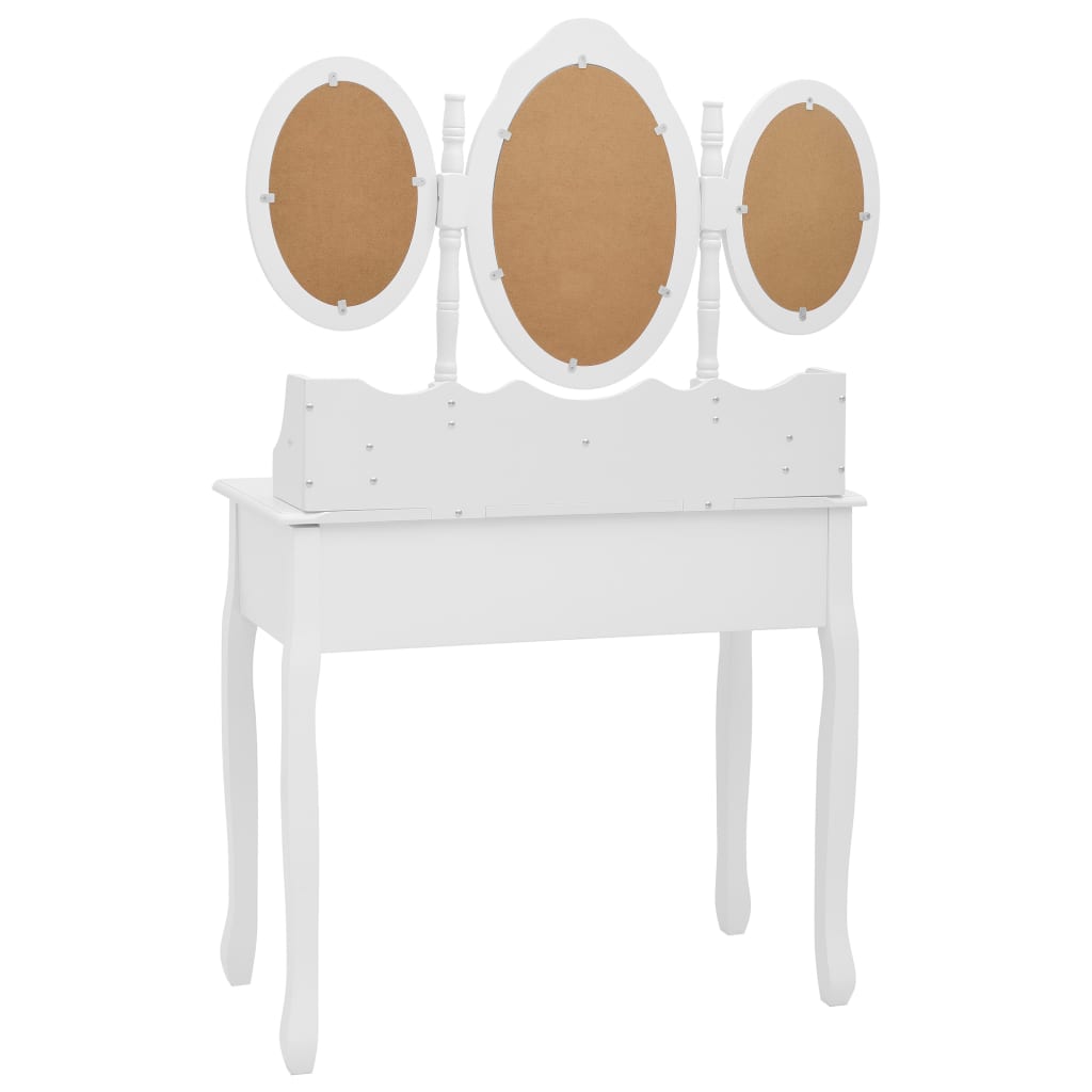 Coiffeuse avec tabouret et miroir pliable en 3 Blanc