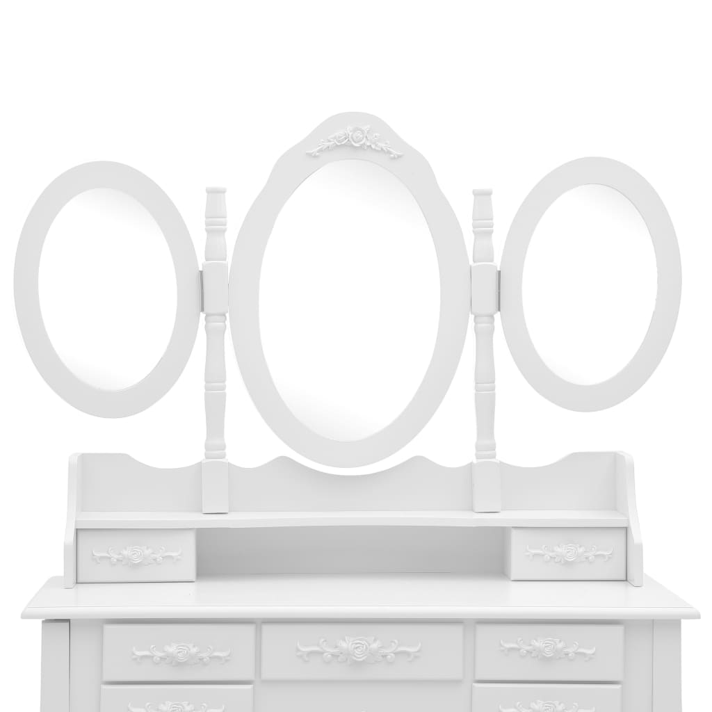 Coiffeuse avec tabouret et miroir pliable en 3 Blanc