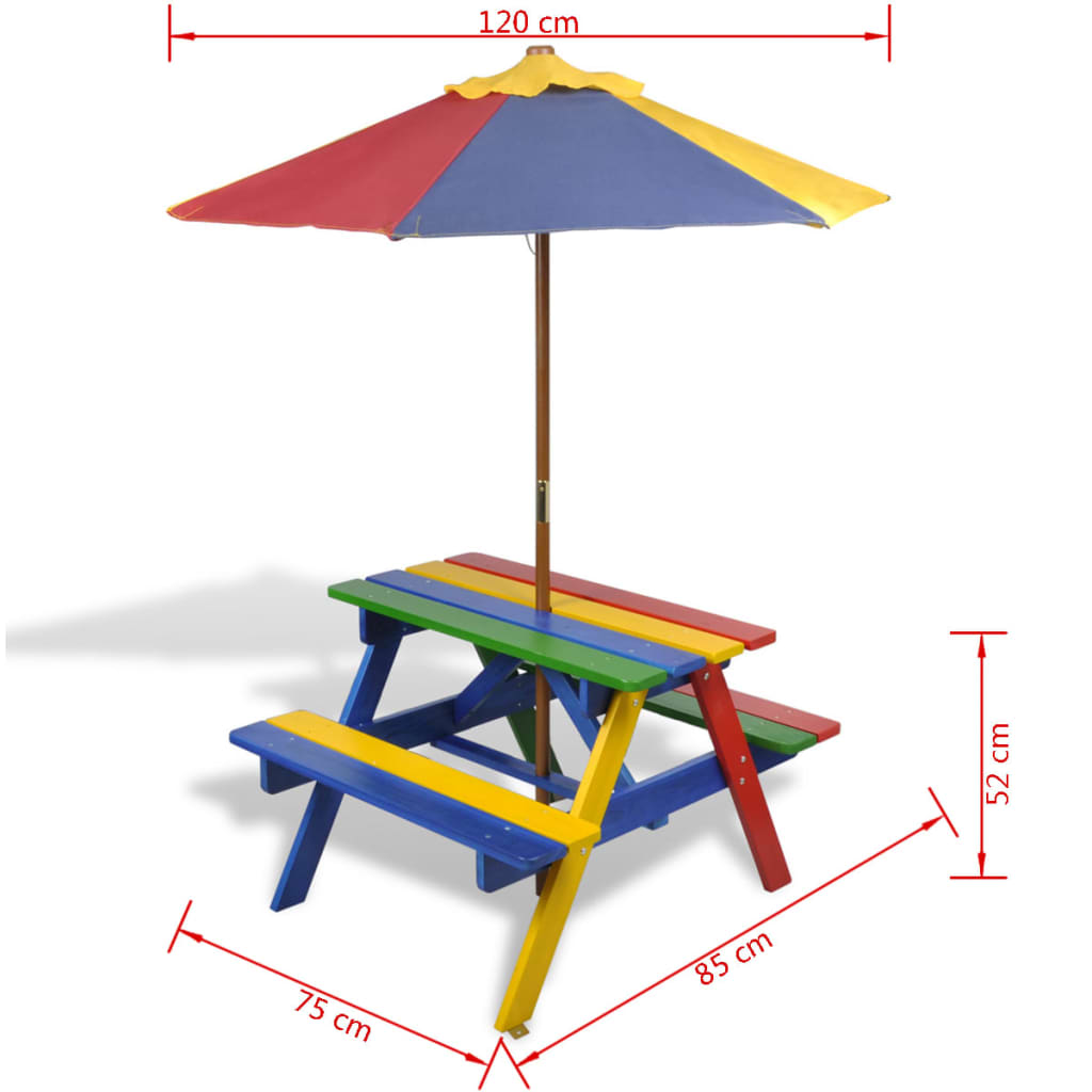 Table et bancs de pique-nique avec parasol pour enfants en bois
