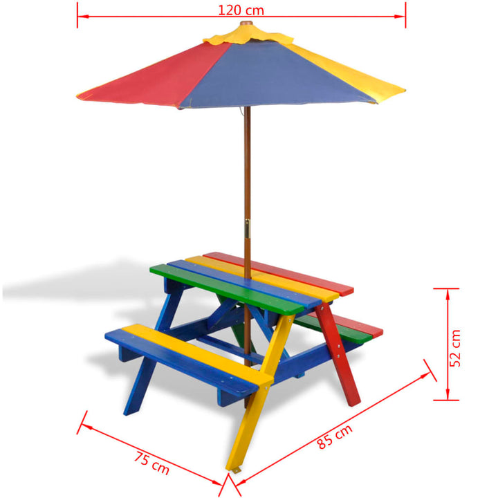 Table et bancs de pique-nique avec parasol pour enfants en bois