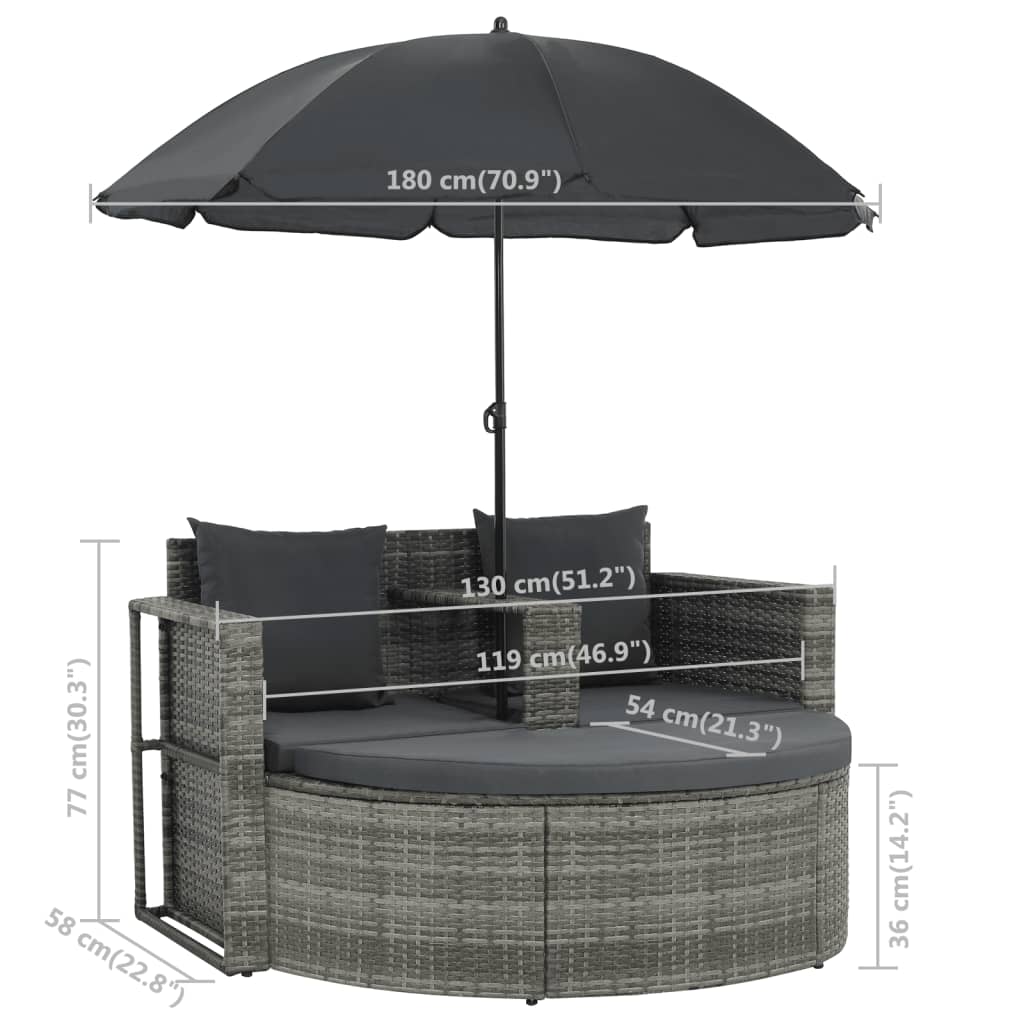 Canapé de jardin avec coussins et parasol Résine tressée