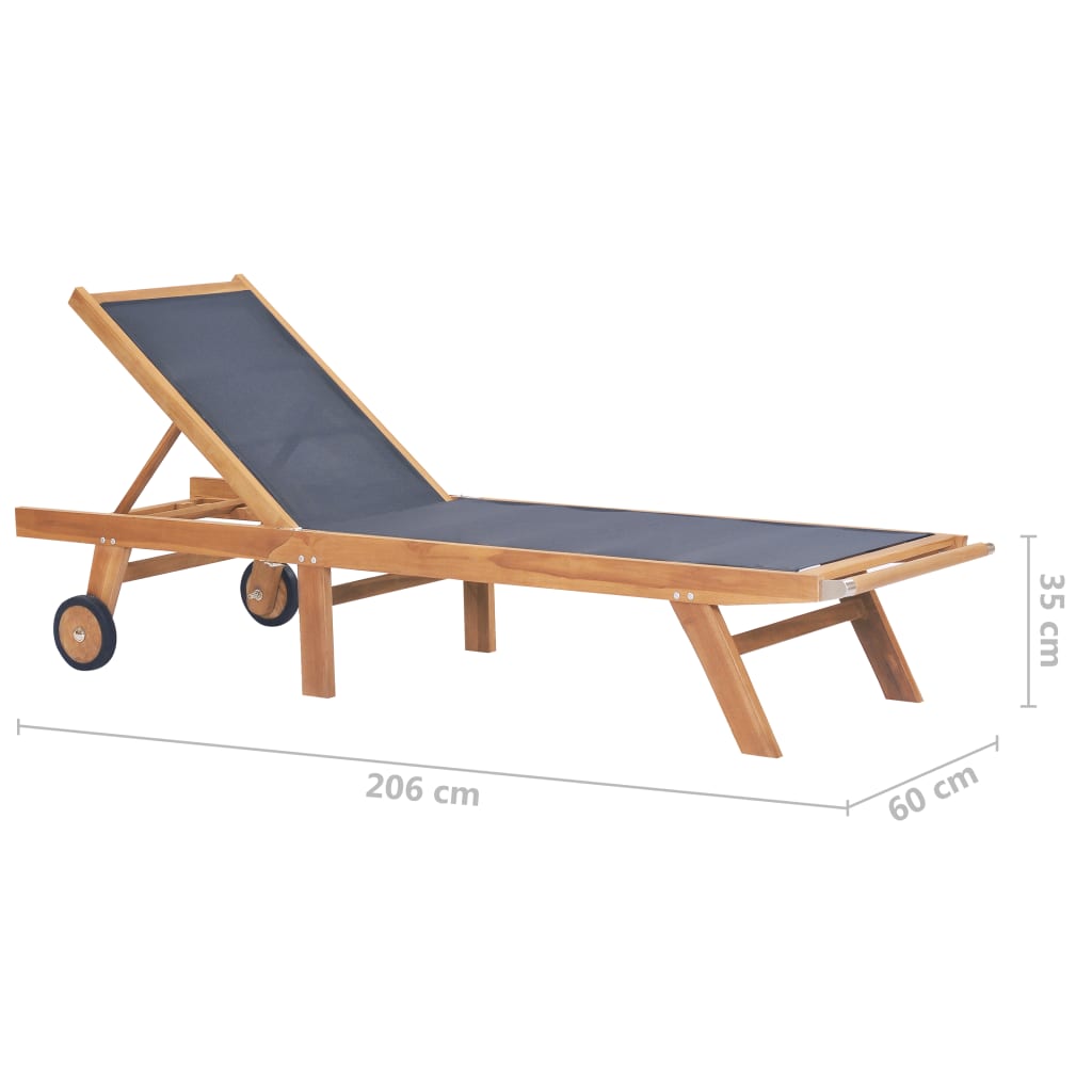 Chaise longue pliable avec roulettes en teck massif et textilène